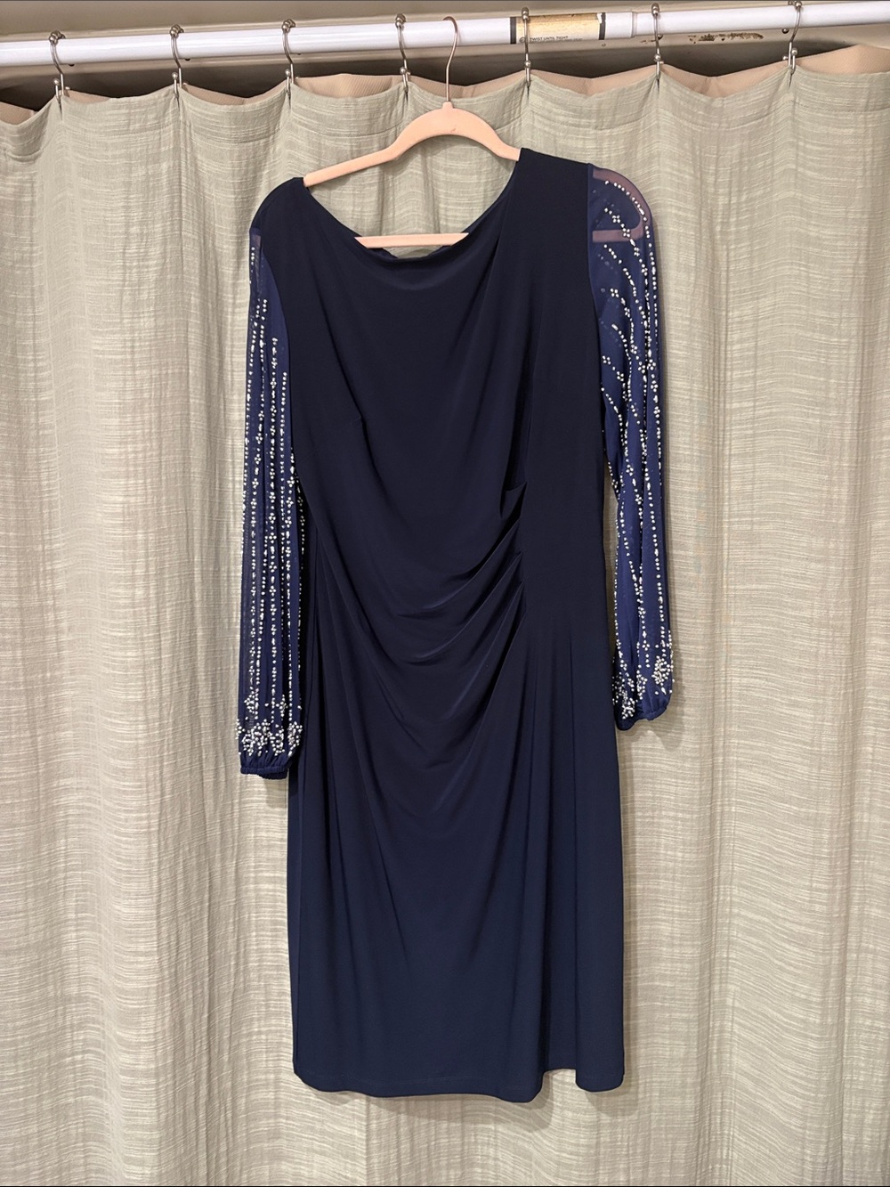 MARINA Navy Long-Sleeve Beaded Draped Cocktail Dress